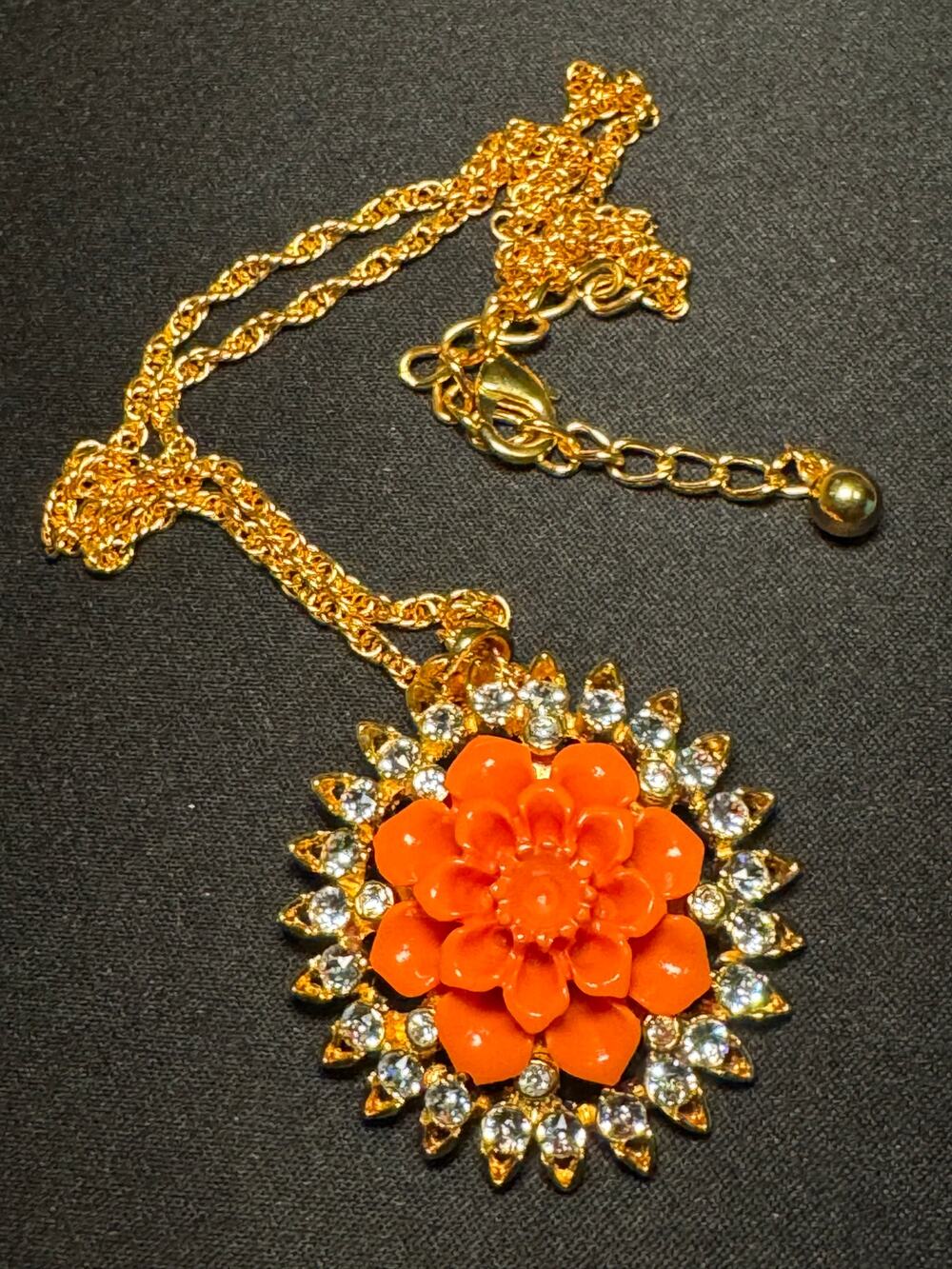 Vintage Kenneth Lane USA Orange Flower Crystals 22in Necklace